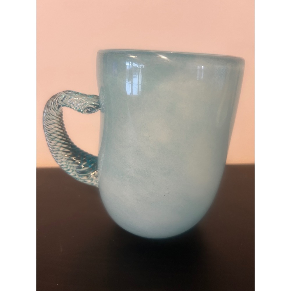 Hand Blown Glass Mug Aqua Swirl Pattern Twisted Handle - Picture 3 of 6